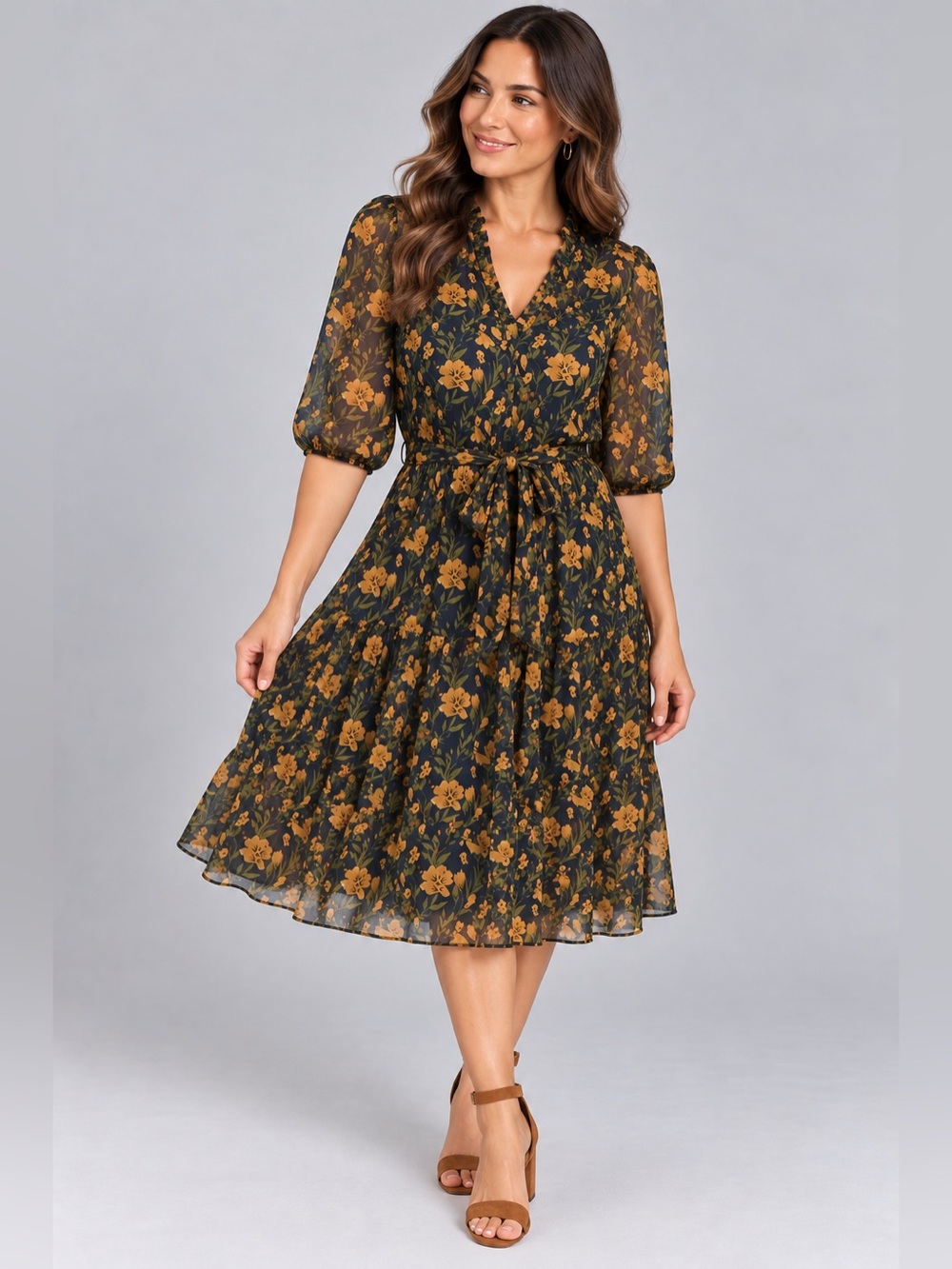 Bee Free Floral Midi Dress M Black Blue Puff Sleeve Tie Waist Cottagecore